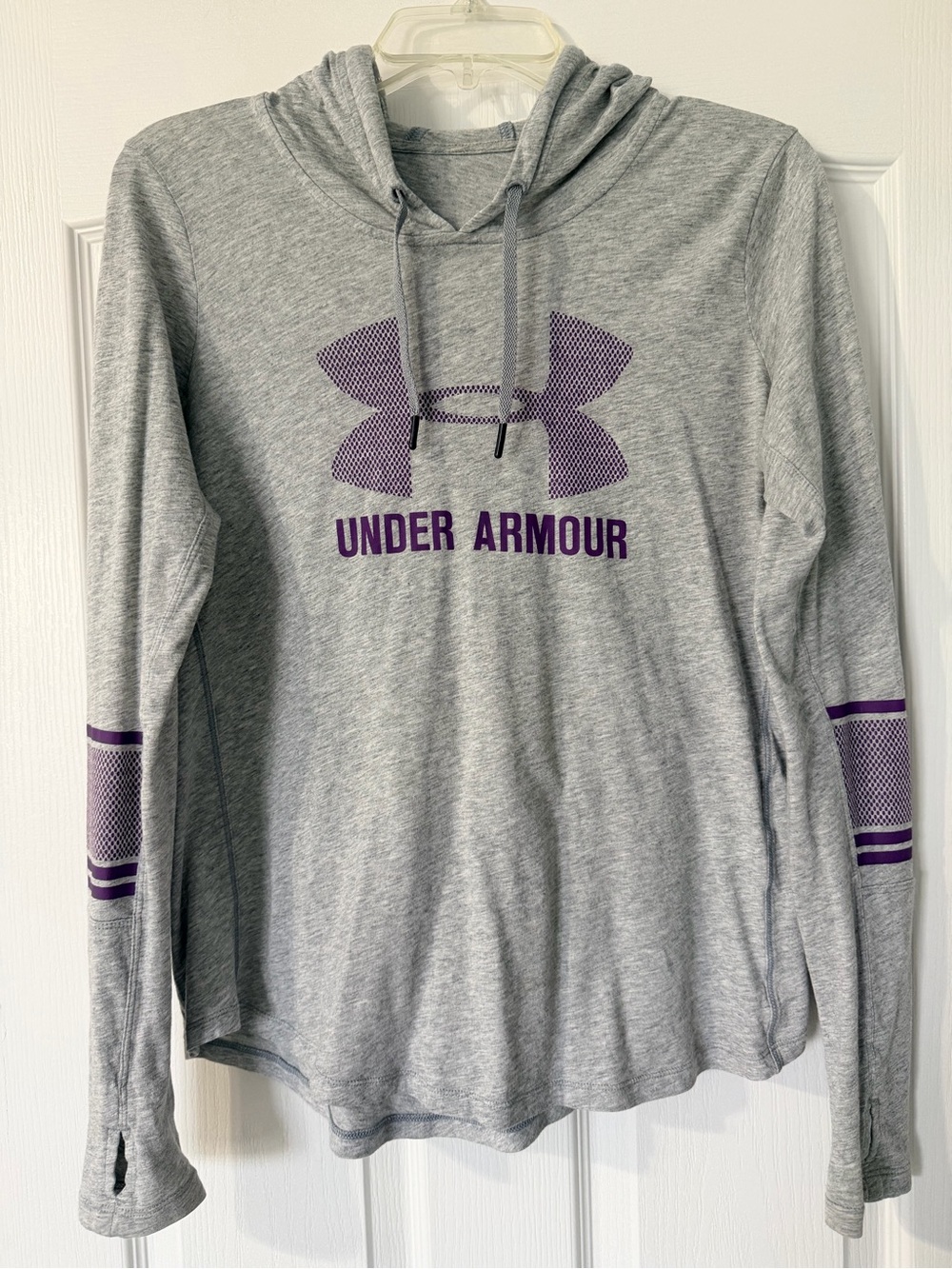 [Under Armour] Light Gray Hoodie with Purple Logo and Accents & Thumbholes